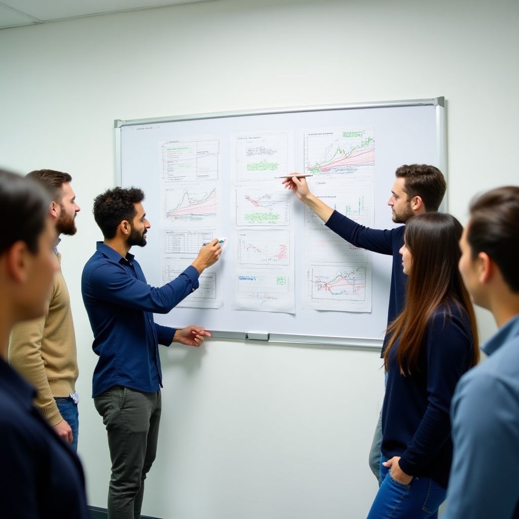 Equipo colaborando en una pizarra
